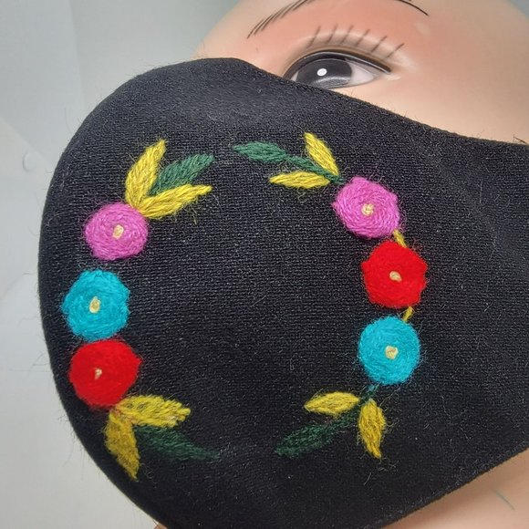 New Cover Face ear loop Women's Black Multi Mask Embroidered handmade flower rin - Picture 4 of 6